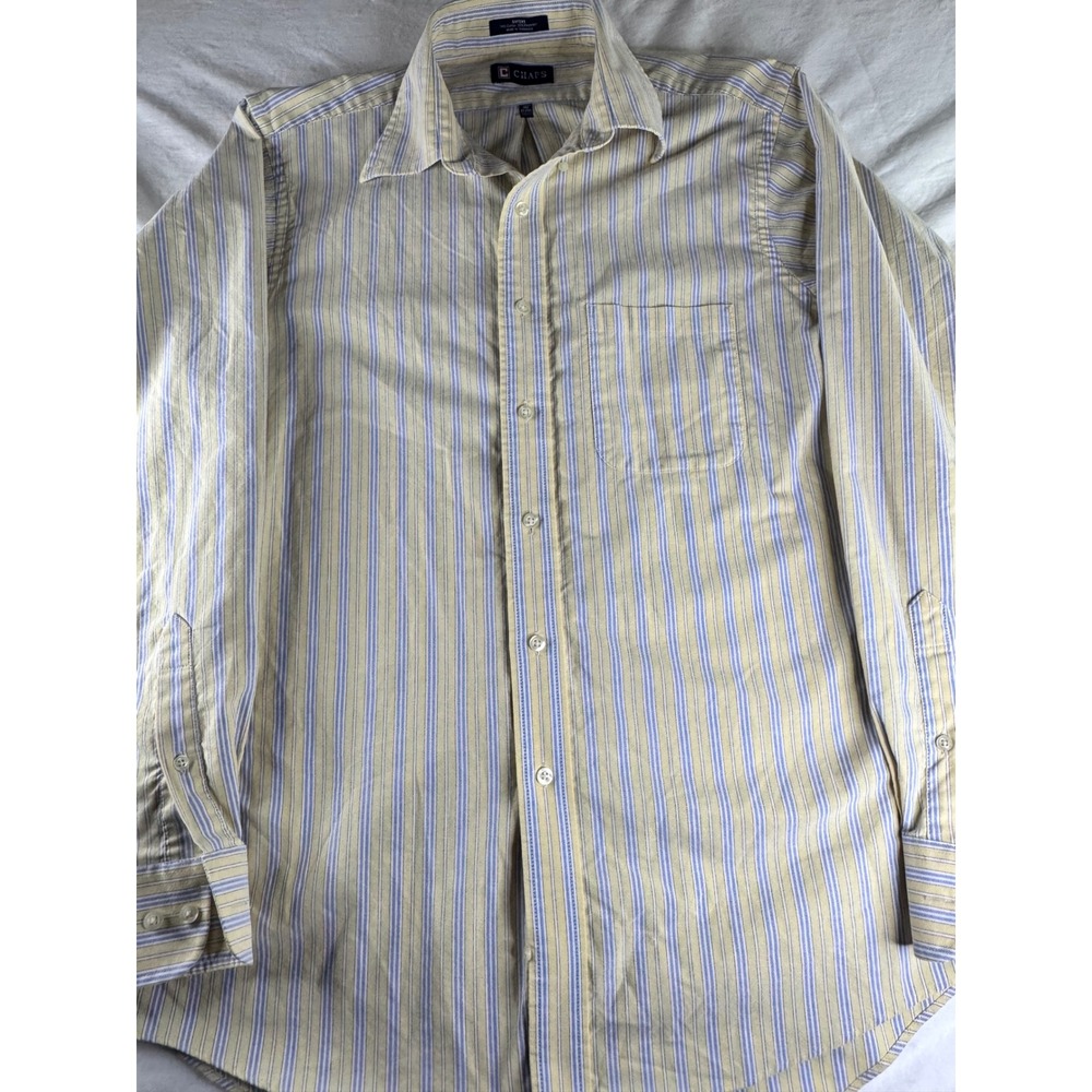 Chaps Oxford Shirt Mens Medium Yellow Blue Excellent‎ Wrinkle Free Striped